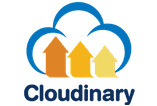 Un logo Cloudinary intégré à un plugin Wordpress, avec des flèches pointant vers le haut pour optimiser la gestion des images.