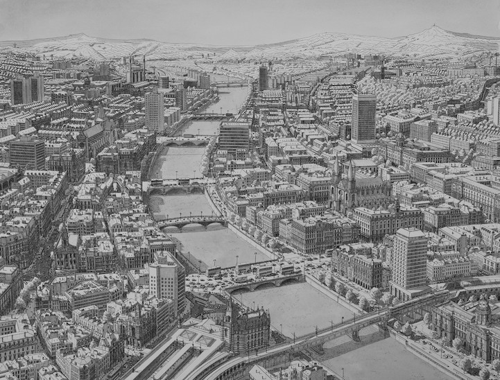 Une esquisse monochrome mettant en valeur la grandeur architecturale d'une ville et de son fleuve.