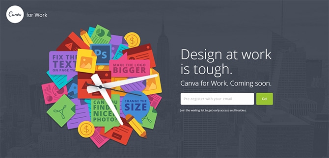 Un site Web propulsé par Canva présentant le design au travail, bientôt disponible.
