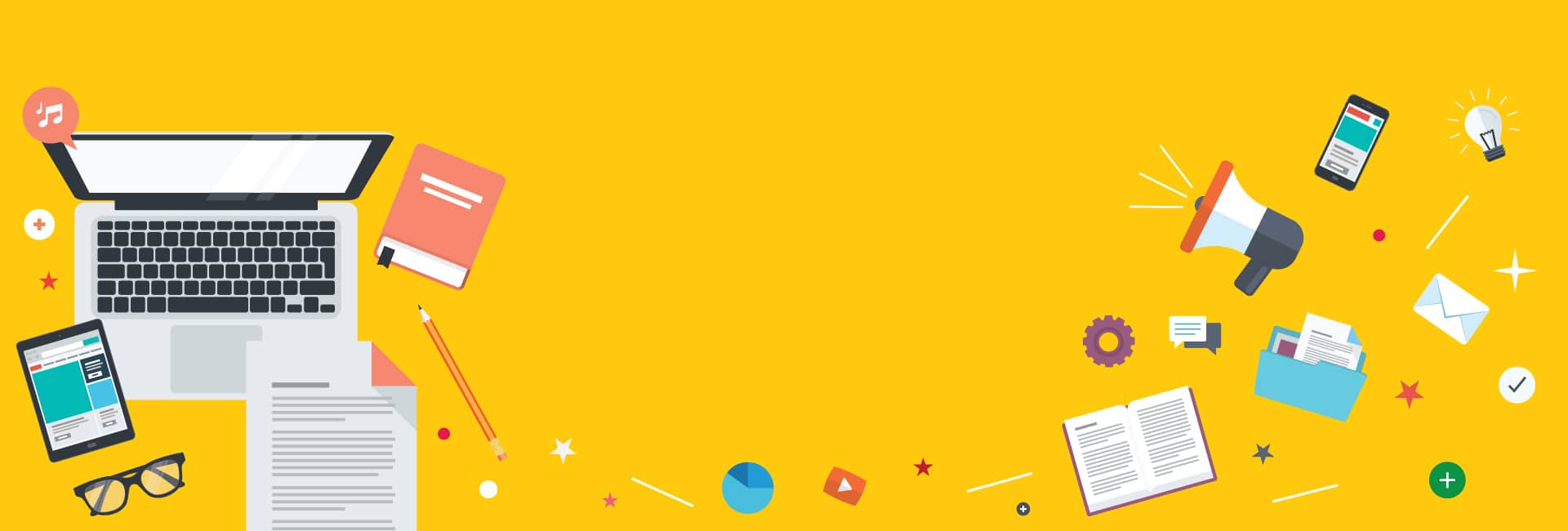 Un fond jaune vif présentant une collection organisée d'appareils numériques et d'autres éléments essentiels.