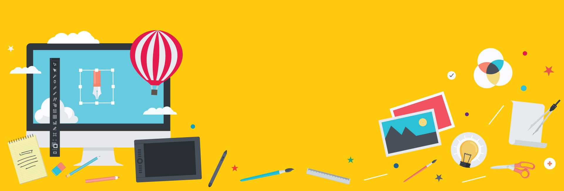 Une illustration comportant un fond jaune avec un ordinateur, une tablette et d'autres éléments.