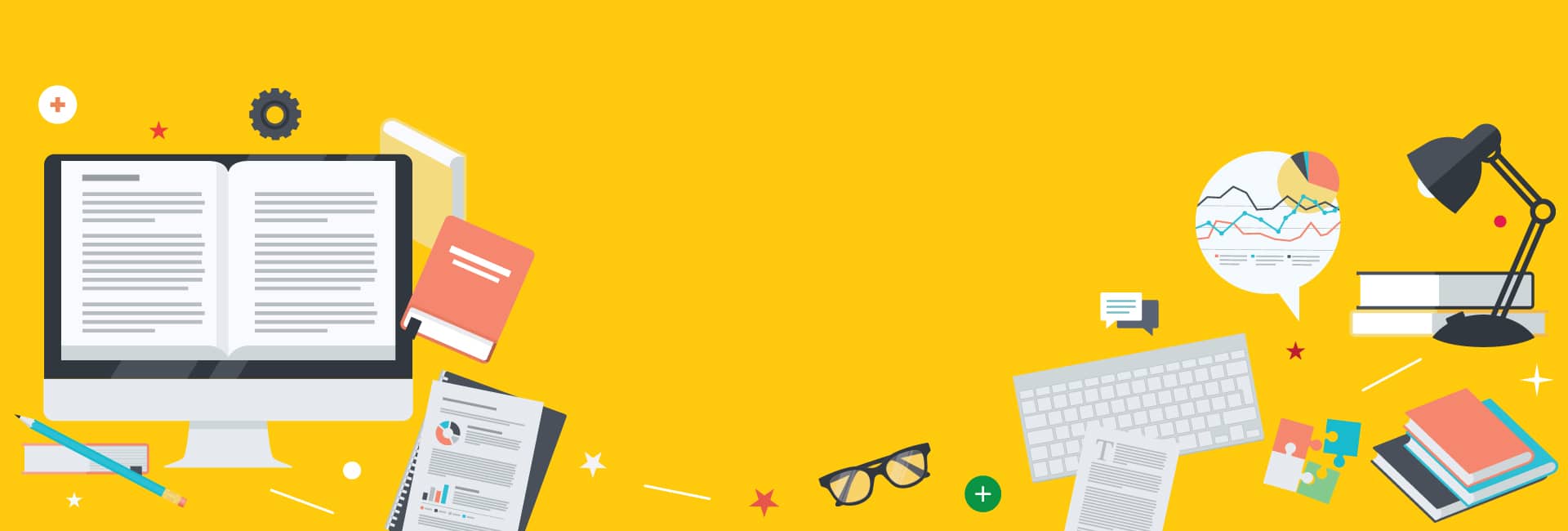 Un design éditorial dynamique avec un ordinateur portable, une tablette et d'autres éléments sur fond jaune.