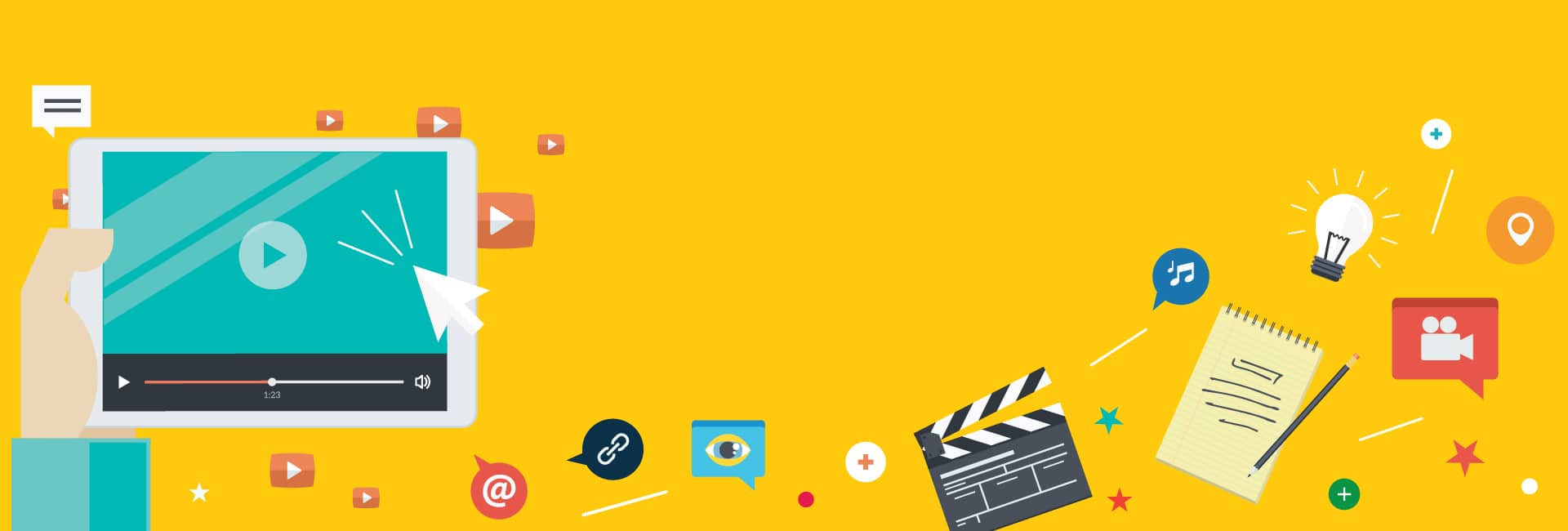 Une personne tient une tablette avec beaucoup d'icônes vidéo.