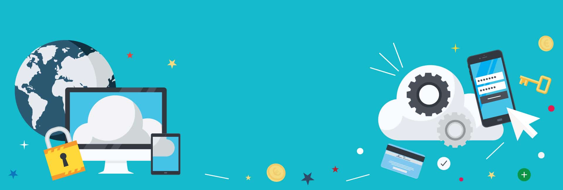 Un fond bleu sécurisé avec un nuage, un ordinateur portable, une tablette et un téléphone.