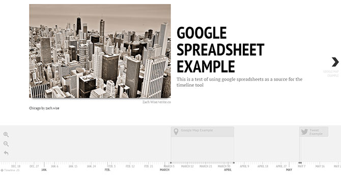 Miniature de capture d'écran d'un exemple de feuille de calcul Google utilisant Timeline JS3.