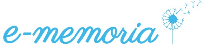 Le logo d'e-memoria, une plateforme en ligne de conservation des souvenirs.