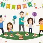 Une illustration de dessin animé d'un groupe de personnes célébrant leur 10e anniversaire.