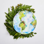 Une terre aquarelle sur le thème du bilan carbone entourée de fougères et de feuilles.