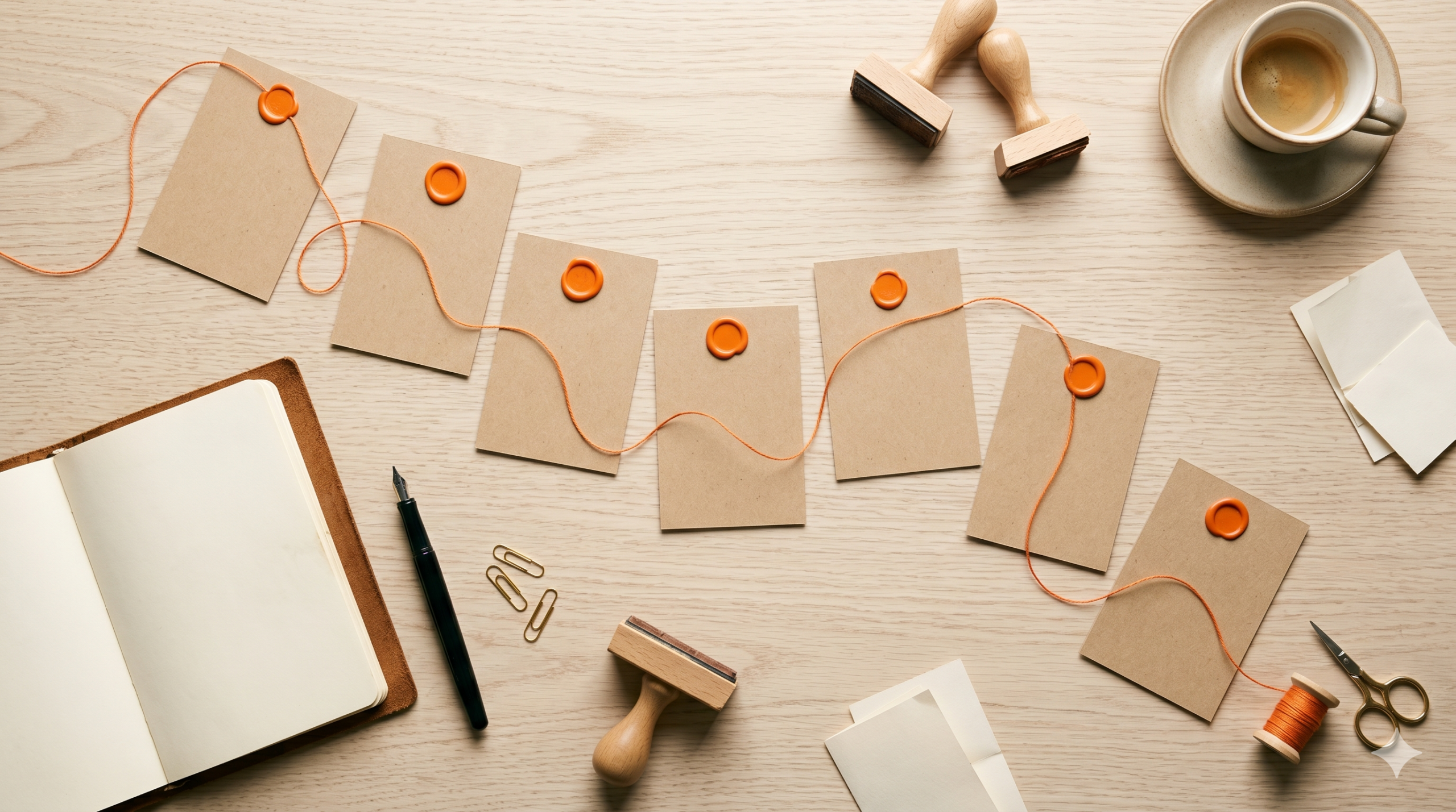 Un bureau avec des enveloppes scellées à la cire orange, une tasse de café, un carnet, un stylo, des ciseaux, des timbres, des trombones et une bobine de ficelle orange bien rangée.