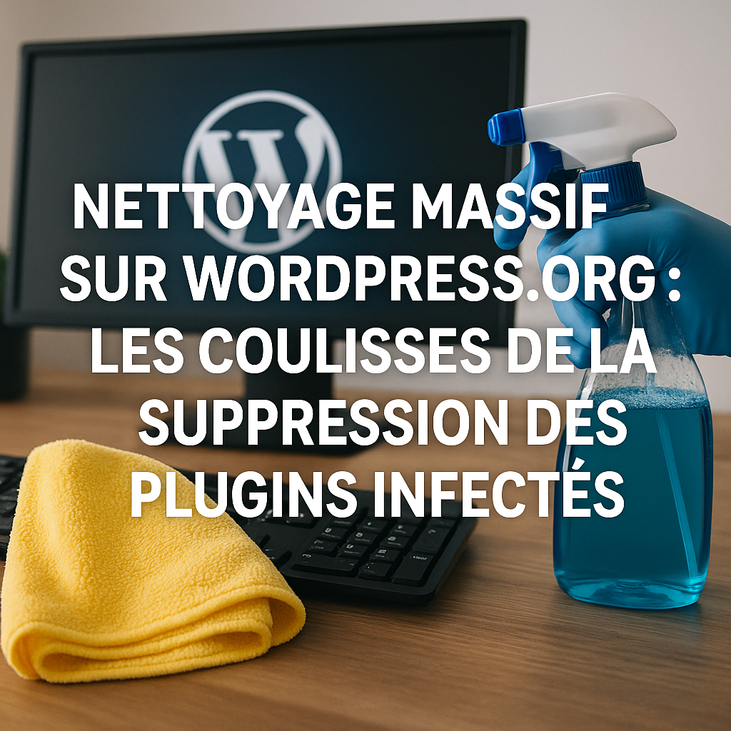 Un écran d'ordinateur affichant le logo WordPress est posé sur un bureau, avec au premier plan un chiffon jaune et un flacon pulvérisateur. Un texte en français sur le nettoyage des plugins WordPress infectés se superpose à l'image.